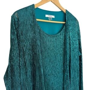 TanJay Sparkly Cocktail Top Sz Large Petite LP Turquoise Faux Cardigan EUC